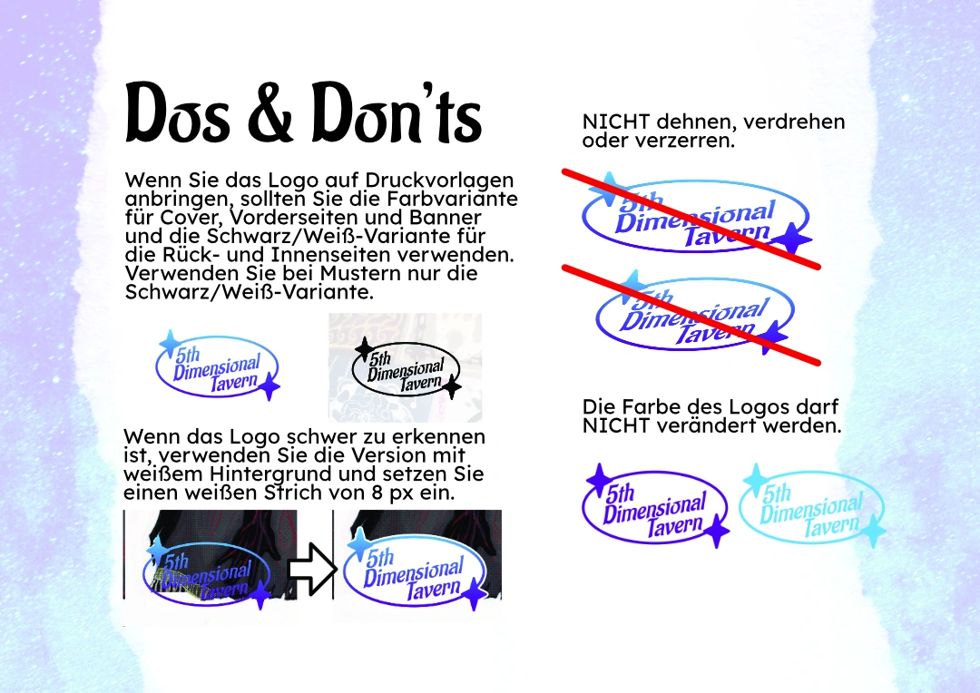 Jas und Neins für den Logo mit Beispiele. Dazu ist es möglich die Logos und Icons auf Mustern aufzulegen, und das falls der Logo nicht gut sehen kann, kann mann ein Hintergrund und ein Outline hinzufügen. Die Farben kann nicht geändert.